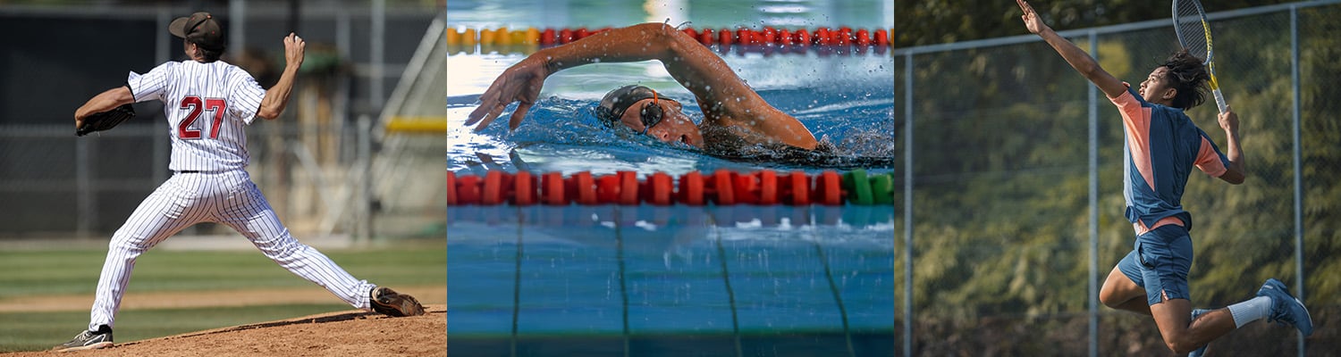 overhead athlete banner with three photos: a baseball player, a swimmer, and a tennis player