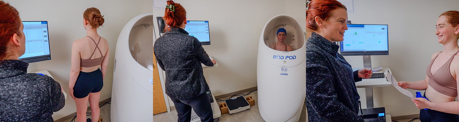 3 photos of one client and one clinician in various stages of the BOD POD assessment