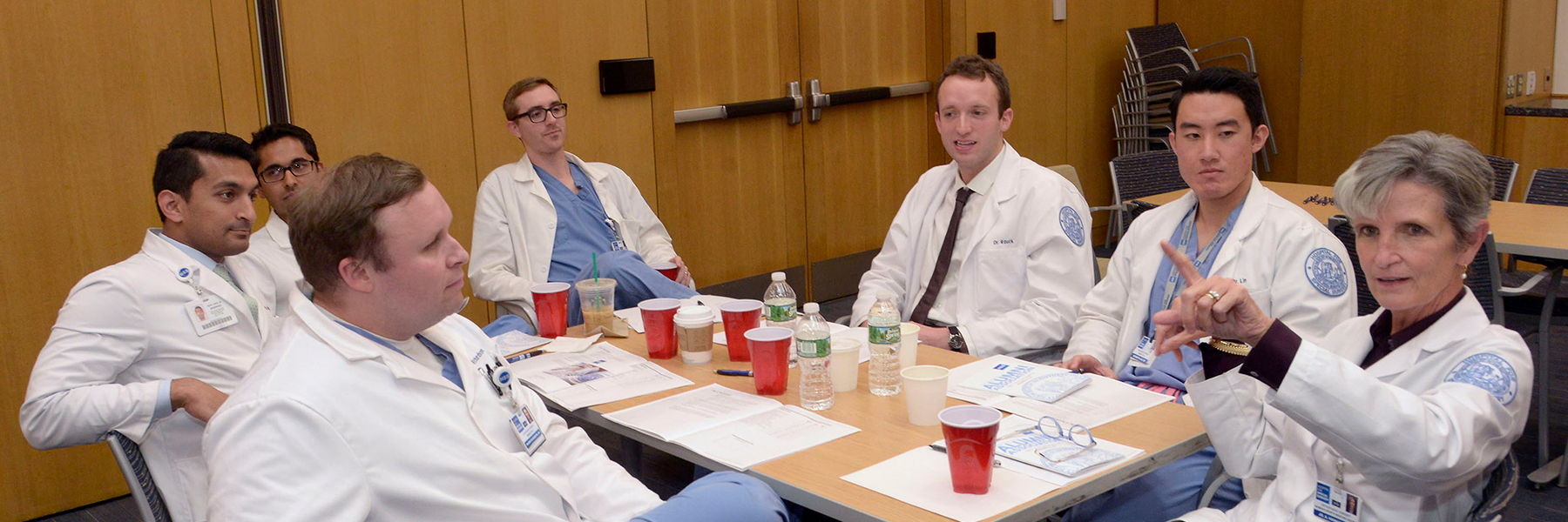 Banner image of Dr. Jo Hannafin leading a discussion with several physicians.