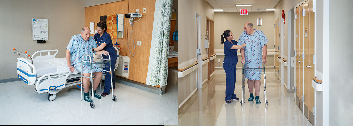 Banner image of a patient being helped out of bed by a nurse and walking down the hallway of the hospital using a walker.
