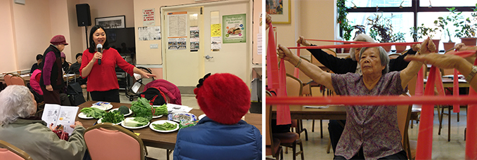 Asian woman exercising with theraband during Asian Community Bone Health Initiative in Flushing, Queens or Manhattan Center