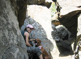 Denise hiking with her dog