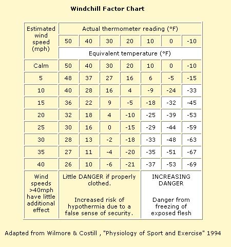 Windchill factor chart