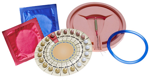 Types of contraceptives, including IUD, condoms and birth control pills.